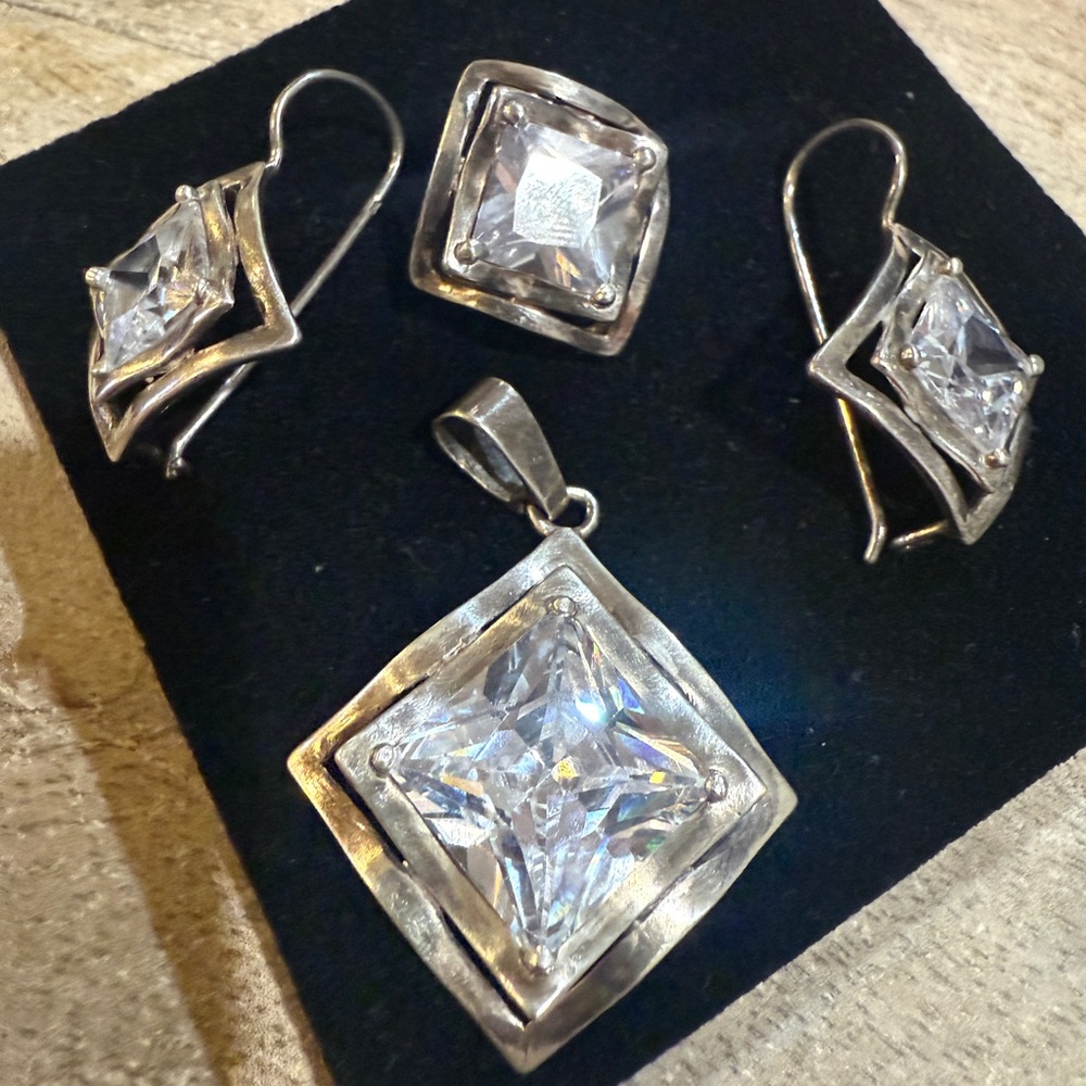 Silver and Clear Stone Earring Set
